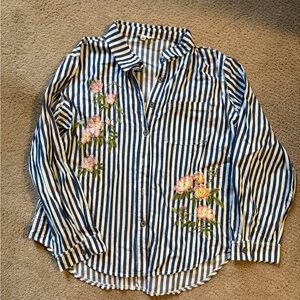 Striped Blue and White Shirt with Floral Embroidery